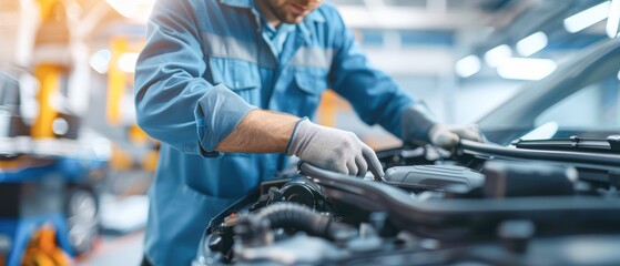 Technician adjusting car's electric battery, detailed shot, automotive service