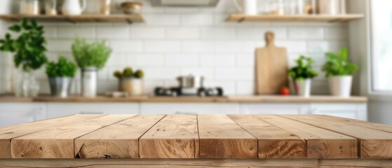 Polished wooden table with blurred sleek kitchen background, modern luxury kitchen, sophisticated design
