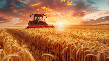 Obraz premium A red heavy truck and tractor working in the field at sunset
