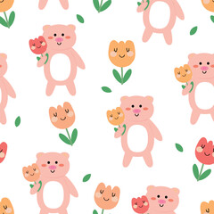 Seamless pattern with cute cartoon pink pigs and colorful tulips, for fabric prints, textiles, gift wrapping paper. children's colorful vector, flat style