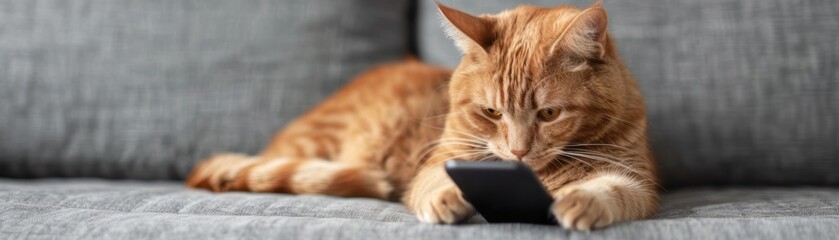 Ginger cat using smartphone on grey sofa, adorable and tech-savvy
