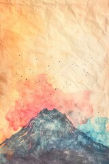 Fototapeta premium watercolor vintage scrapbook junk journal page, copy space in center, watercolor clipart of Volcano on parchment paper, for Junk Journal, Digital Paper, Printable