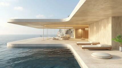 Obraz premium Modern Minimalist House with Infinity Pool Overlooking the Ocean