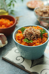 Houria, cooked carrot salad, a traditional dish of Tunisian cuisine	