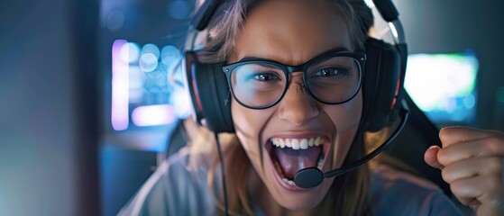 Female gamer celebrating win, online video game triumph, joy and excitement
