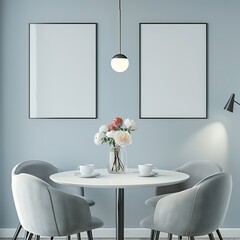 2 small blank black poster frames on wall, dining room with round white table and gray chairs, light blue walls, soft lighting, flowers in vase, modern style interior design, photorealistic, 