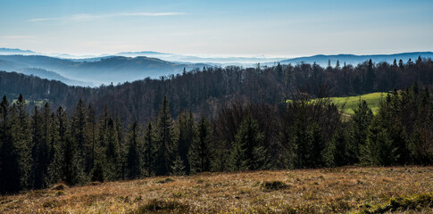 View from Mala Czantoria hill in autumn Beskid Slaski mountains in Poland