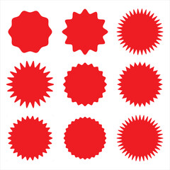 Set of red starburst, sunburst badges. Design elements - best for sale sticker, price tag, quality mark. Flat vector illustration isolated on white background.