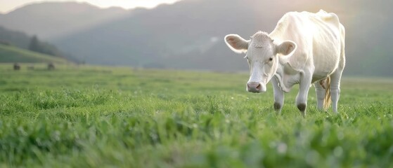 Obraz premium Cow grazing on lush green pasture, clear sky background, serene dairy farm