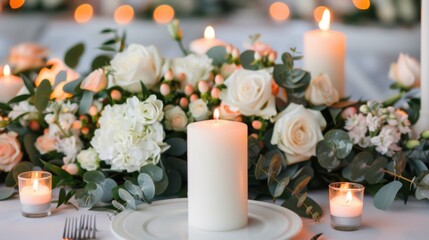 Elegant wedding decor with floral arrangements, candles, and intimate ambiance, ideal for text overlay, full object coverage, deep depth of field.