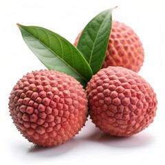 Tropical lychee fruit with leaves on transparent background.

