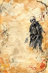 watercolor vintage scrapbook junk journal page, copy space in center, watercolor clipart of Zombie on parchment paper, for Junk Journal, Digital Paper, Printable 