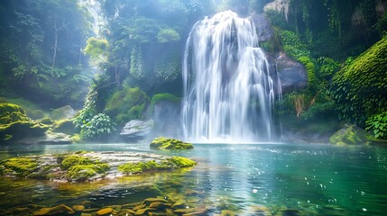 Stunning waterfall cascading into clear pool surrounded by lush greenery and mist in the air with copy space and open space