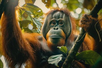 Fototapeta premium Male orangutan clings to a tree branch, basking in the bright sunlight that filters through the lush green leaves of a tropical forest, showcasing nature's beauty and vitality.