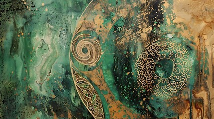 Sufi abstract art blending traditional motifs modern abstract techniques using a palette of calming greens and golds Highlight the fusion of ancient and contemporary spiritual expressions