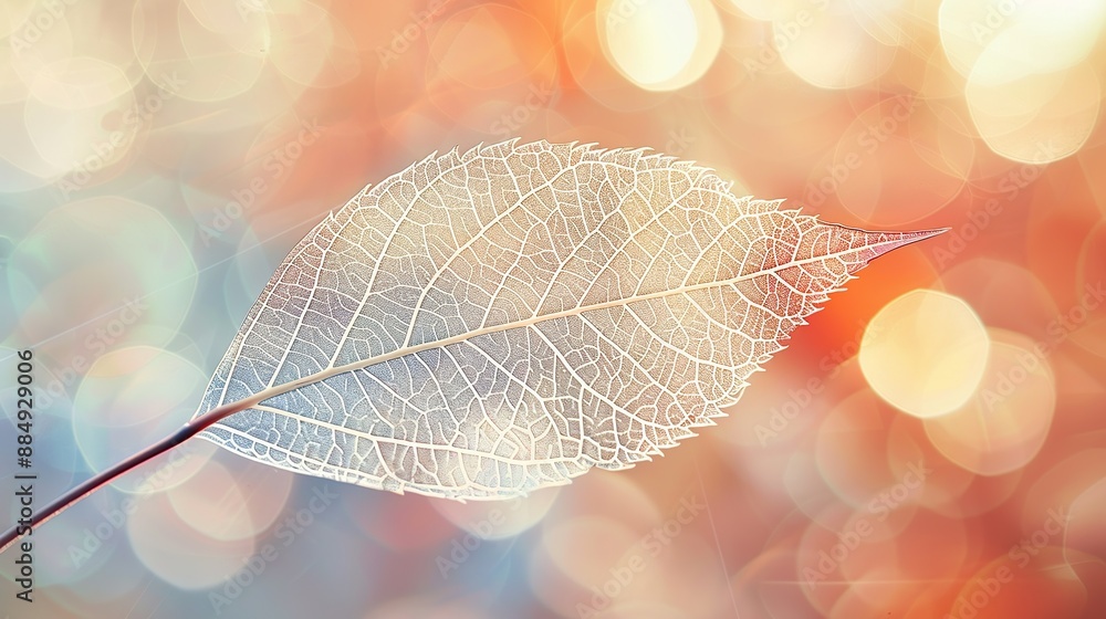 Poster enchanting view of translucent leaf skeleton with warm and subtle lighting on a beautiful blurry bac