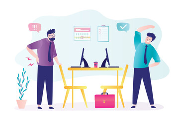 Break time. Office male employees exercise at work, stretch near the desk. Businessmen practicing workout at workplace doing squats, leans and lunges enjoying break.