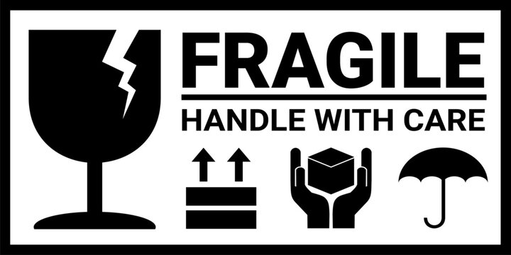 sticker fragile handle with care, black and white warning label, fragile label with broken glass symbol, vector asset. keep dry and avoid liquid sign