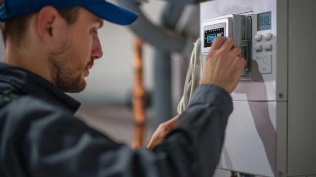 close-up of male plumber fixing thermostat