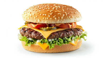 Hamburger isolated on white background fresh burger fast food with beef and cheese. hamburger, fresh burger, fast food, beef burger, cheese burger, burger isolated, white background,
