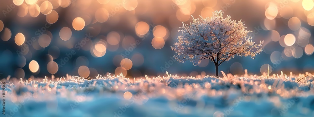 Poster solitary tree standing in the middle of a meadow in a snowy winter with warm and soft sunlight on a 
