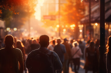 Crowded City Street At Sunset With People Walking In The Glowing Light Of Golden Hour