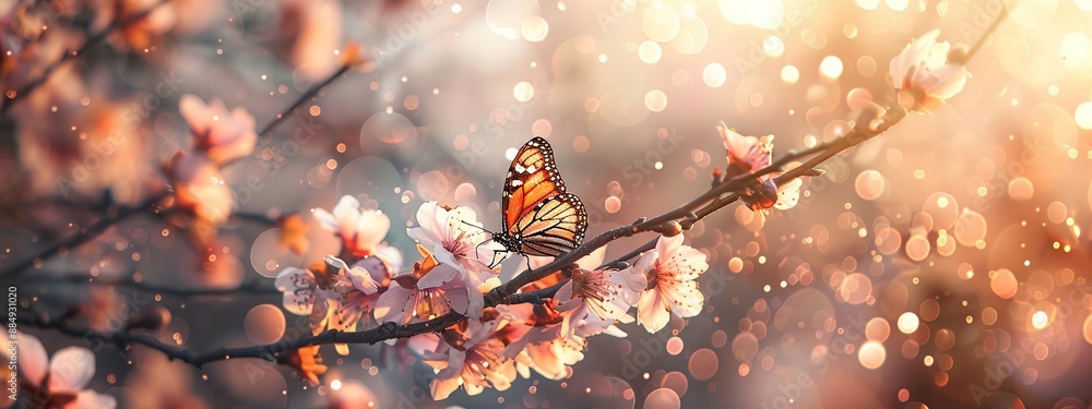 Poster macro photo of apricot tree branch with delicate butterfly perched on the branch with warm sunlight 