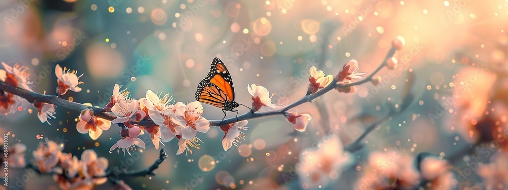 Poster macro photo of apricot tree branch with delicate butterfly perched on the branch with warm sunlight 