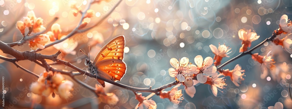 Poster macro photo of apricot tree branch with delicate butterfly perched on the branch with warm sunlight 