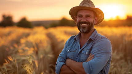 Fototapeta premium portrait of happy middle aged farmer standing in golden wheat field at sunset
