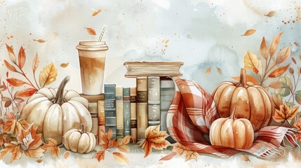 watercolor still life painting of books, pumpkin and a cup of coffee in brown tones, fall scene