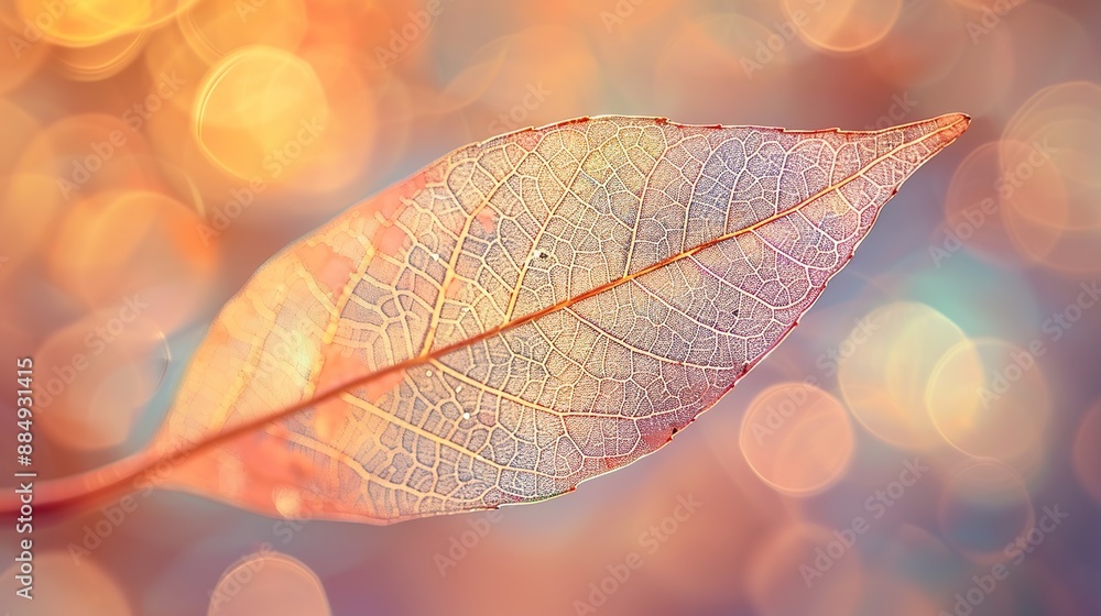 Poster macro photo of skeleton leaf with soft blurry and colorful background. the concept of tranquility an