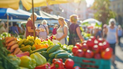 A lively farmers market scene with people browsing colorful vegetable stands, blurred slightly to allow for copy space. 