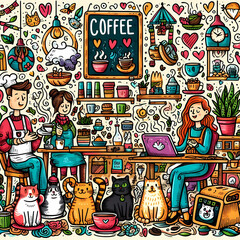 Fototapeta premium Doodle Art Cartoon of Cozy Café