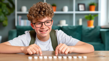 Protect against Coronavirus with rapid antigen selftest kits. Teen boy at home checks for Covid, relieved to see negative test results.