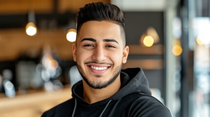 Fototapeta premium A compelling portrait of a Persian man at a coffee shop, exuding a sense of peace while enjoying his morning.