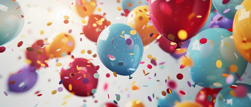 Colorful balloons and confetti in mid-air celebration, capturing the festive and joyful atmosphere.