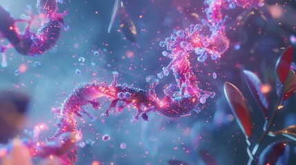 An artistic rendering of gene editing technology at work, with CRISPR-Cas9 molecules precisely targeting specific sequences of DNA for modification, revolutionizing genetic research