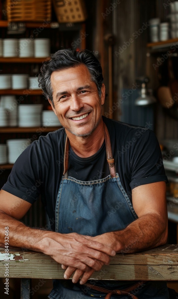 Poster portrait of a smiling man wearing an apron in a rustic setting. ai.