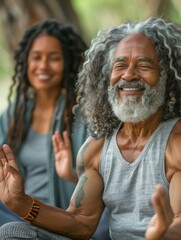 A gray-haired man smiles while meditating outdoors. AI.