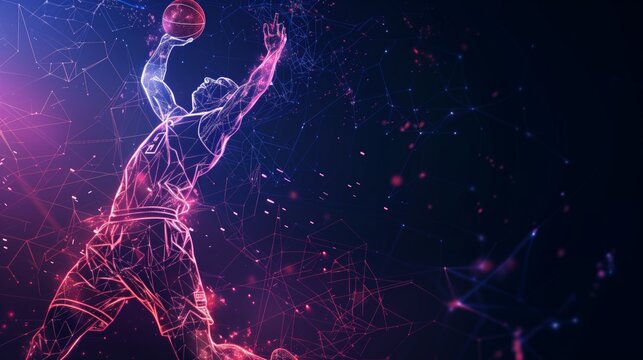Abstract Polygonal Basketball Player in Mid-Action, Hitting the Ball with Neon Gradient Wireframe Cybernetic Particles