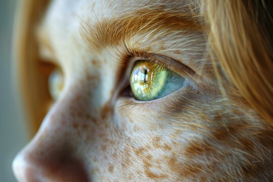 Close-up of a green-eyed half-cat half-woman looking out a window. AI.
