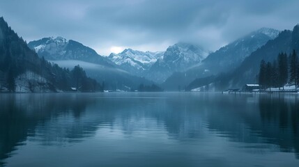 Fototapeta premium Beautiful sunset over lake,mountains and sky, warm vibrant colors,landscape wallpaper,background.
