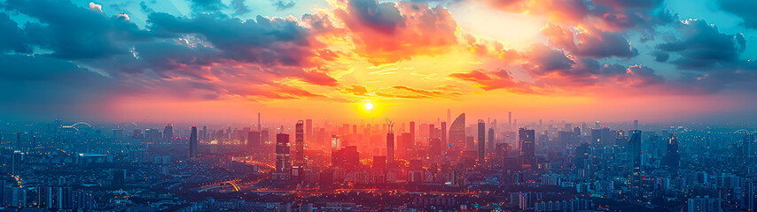 Obraz premium Dynamic Urban Development - 3D Cityscape with Construction Cranes Silhouetted at Sunset