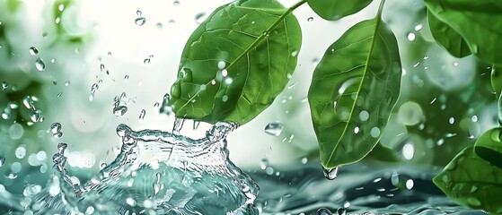 Refreshing close-up of fresh green leaves and water droplets, capturing the essence of nature and purity in a vibrant and serene scene.