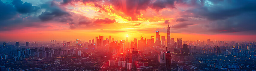 Vibrant Cityscape Transformation: Realistic 3D Render with Construction Cranes Against Sunset Skyline