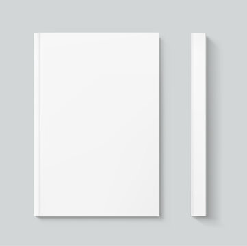 Blank softcover book mockups. Front and side views. Vector illustration isolated on grey background. It can be used for promo, catalogs, brochures, magazines, etc. Ready for your design. EPS10.