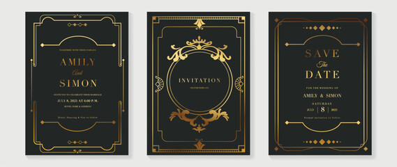 Luxury wedding invitation card vector. Elegant art deco classic antique design, gold lines gradient, frame on dark green background. Premium design illustration for gala, grand opening, VIP cover.