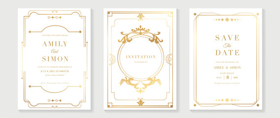 Luxury wedding invitation card vector. Elegant art deco classic antique design, gold lines gradient, frame on light background. Premium design illustration for gala, grand opening, VIP cover.
