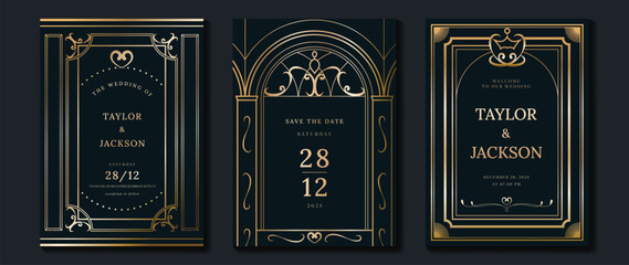 Luxury wedding invitation card vector. Elegant art deco classic antique design, gold lines gradient, frame on navy blue background. Premium design illustration for gala, grand opening, VIP cover.
